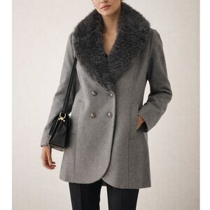 French Connection Faux Fur Collar Coat Womens M Gray Wool Double Breasted Winter